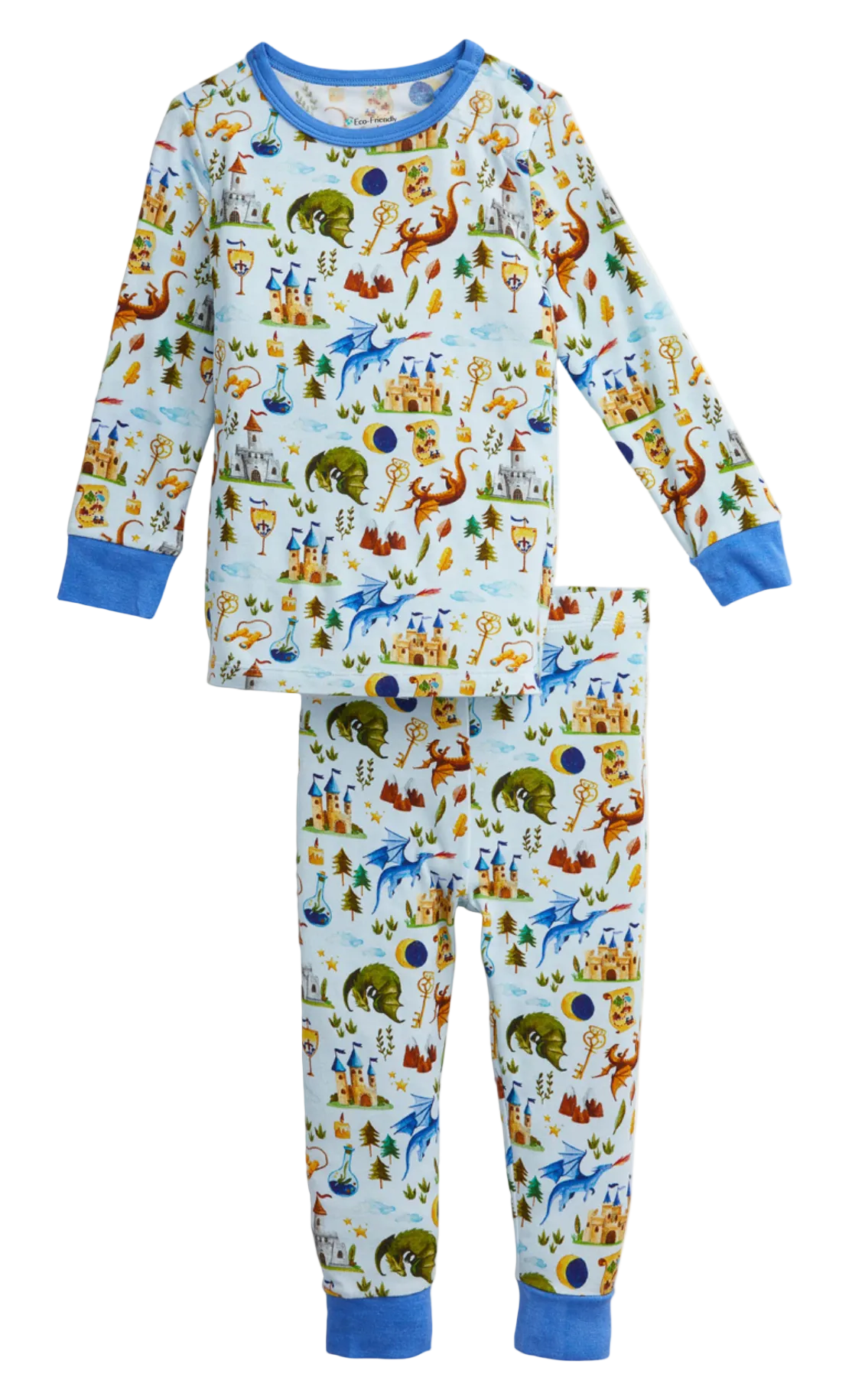 The Magnetic Me Baby Boys’ and Boys’ Dragons Tale PJ Set features a fantasy-themed print with castles, dragons, and trees. Made from silky soft modal fabric, this children’s long-sleeve pajama set is finished with blue cuffs and collar.