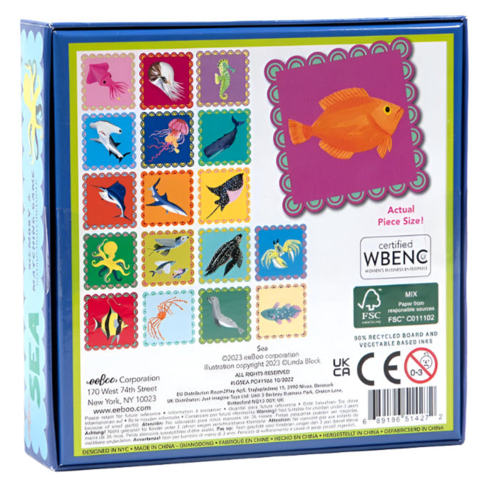 Back of Eeboo's Sea Little Square Memory Game box shows colorful sea creatures in squares and a large orange fish on the right marked "Actual Piece Size!" Artwork by Linda Bleck.