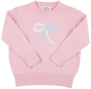 The Beaufort Bonnet Company Baby Girls' and Girls' Isabelle's Intarsia Sweater features a light pink knit with long sleeves, ribbed cuffs, and a white and blue bow intarsia on the front—an adorable classic inspired by Palm Beach Pink.