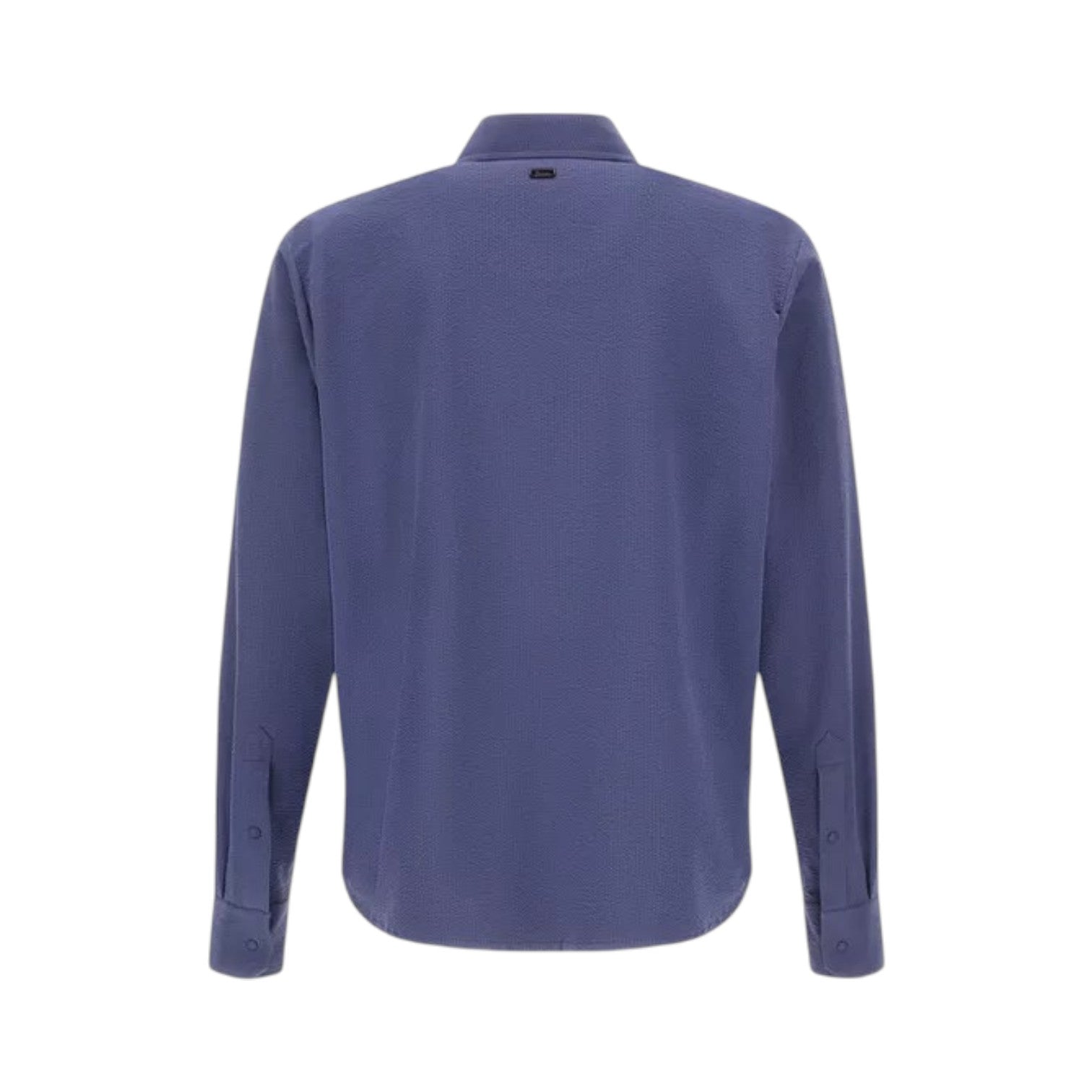 The Herno Seersucker Shirt Jacket is displayed from the back against a white background. This solid blue piece features long sleeves, button cuffs, a classic collar, and is crafted from lightweight, breathable seersucker fabric for timeless style and comfort.
