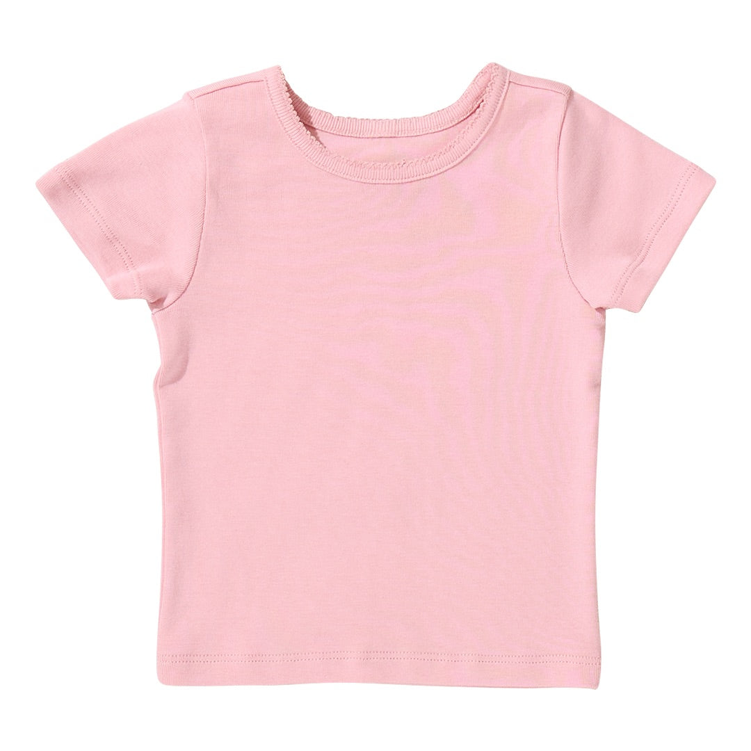 The Coop Kids PC Girls’ Short Sleeve Seesaw Rib T-Shirt in light pink is displayed against a white background—a versatile crewneck essential for any girl’s wardrobe.