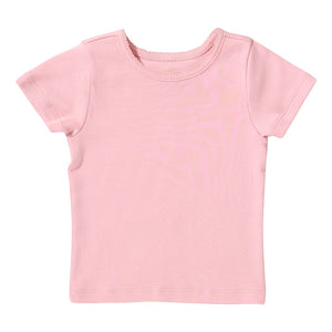 The Coop Kids PC Girls’ Short Sleeve Seesaw Rib T-Shirt in light pink is displayed against a white background—a versatile crewneck essential for any girl’s wardrobe.