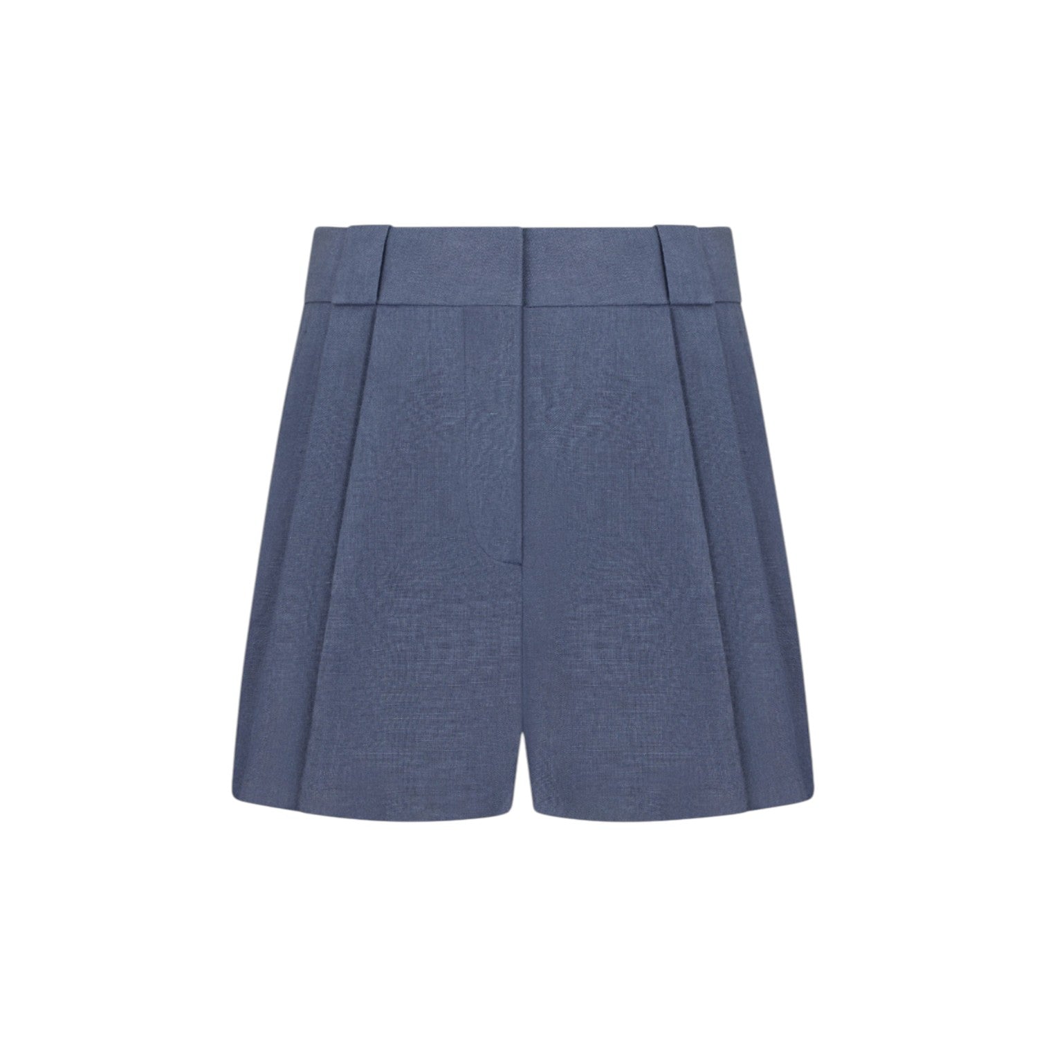 Front view of Blaze Milano Midday Sun Selle Shorts—high-waisted, blue tailored wide leg with pleats and belt loops—shown on a plain white background.
