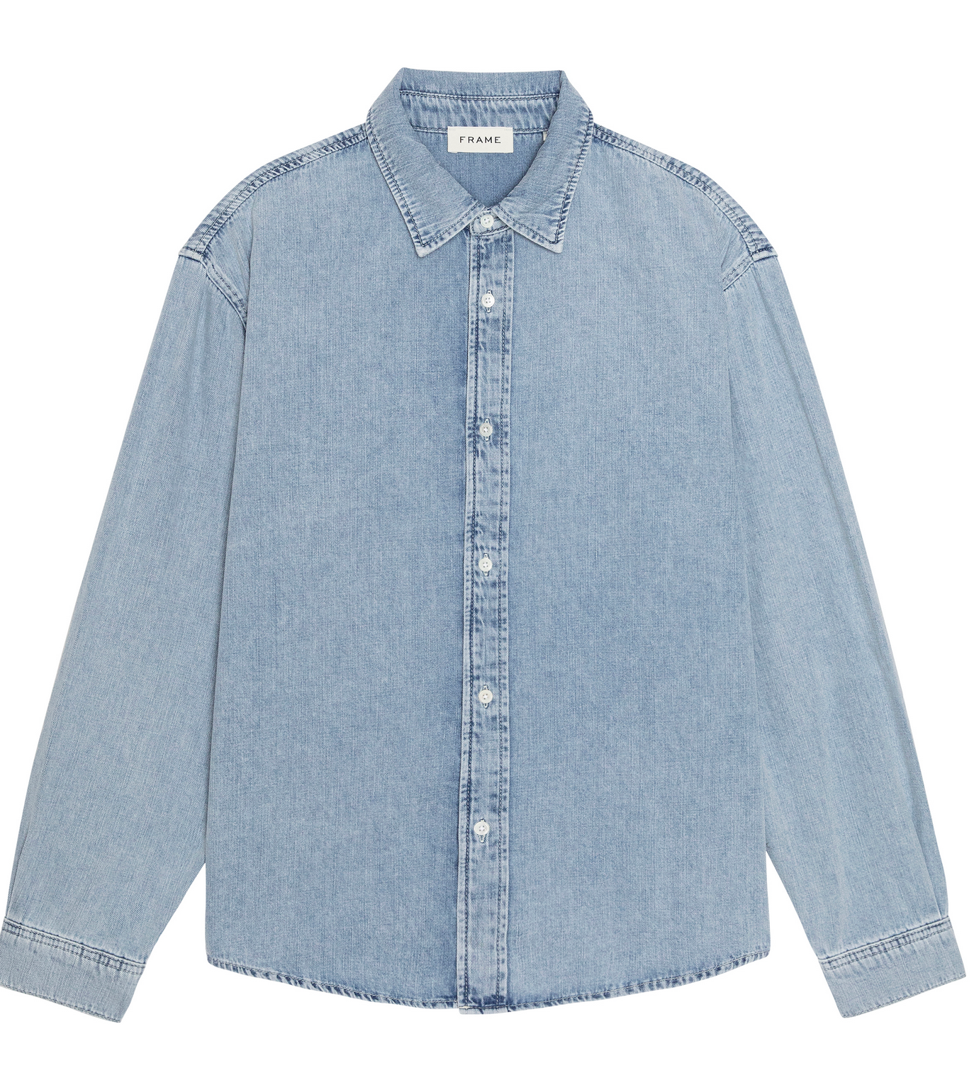 Introducing the Classic Denim Shirt by Frame—a light blue long-sleeve denim shirt offering a relaxed fit. This shirt features a pointed collar, visible stitching, and an interior neckline label reading “FRAME.” Expertly crafted from 100% cotton for enduring comfort and timeless style.