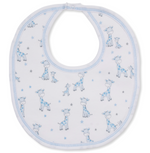 The Kissy Kissy Just Giraffes Printed Bib features a charming white design adorned with playful blue giraffes and tiny grey and blue stars, crafted from ultra-soft Pima cotton with light blue trim—making baby mealtime both stylish and cozy.