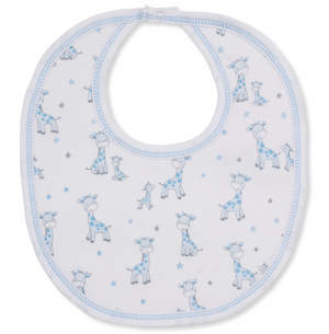 The Kissy Kissy Just Giraffes Printed Bib features a charming white design adorned with playful blue giraffes and tiny grey and blue stars, crafted from ultra-soft Pima cotton with light blue trim—making baby mealtime both stylish and cozy.
