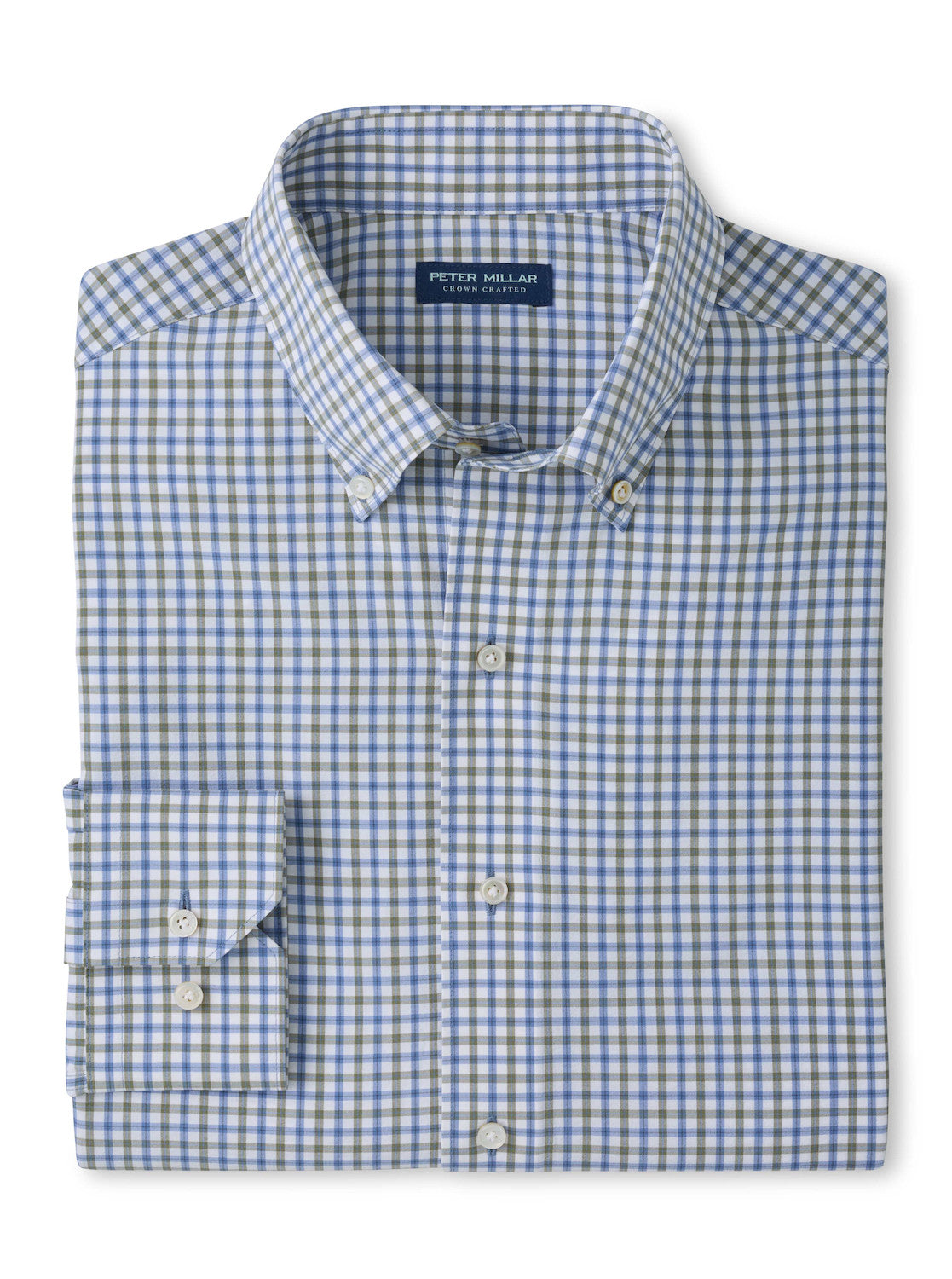 Peter Millar Clarence Performance Poplin Sport Shirt in a blue and grey checkered pattern with a button-down collar, cuffed sleeves, and four-way stretch.