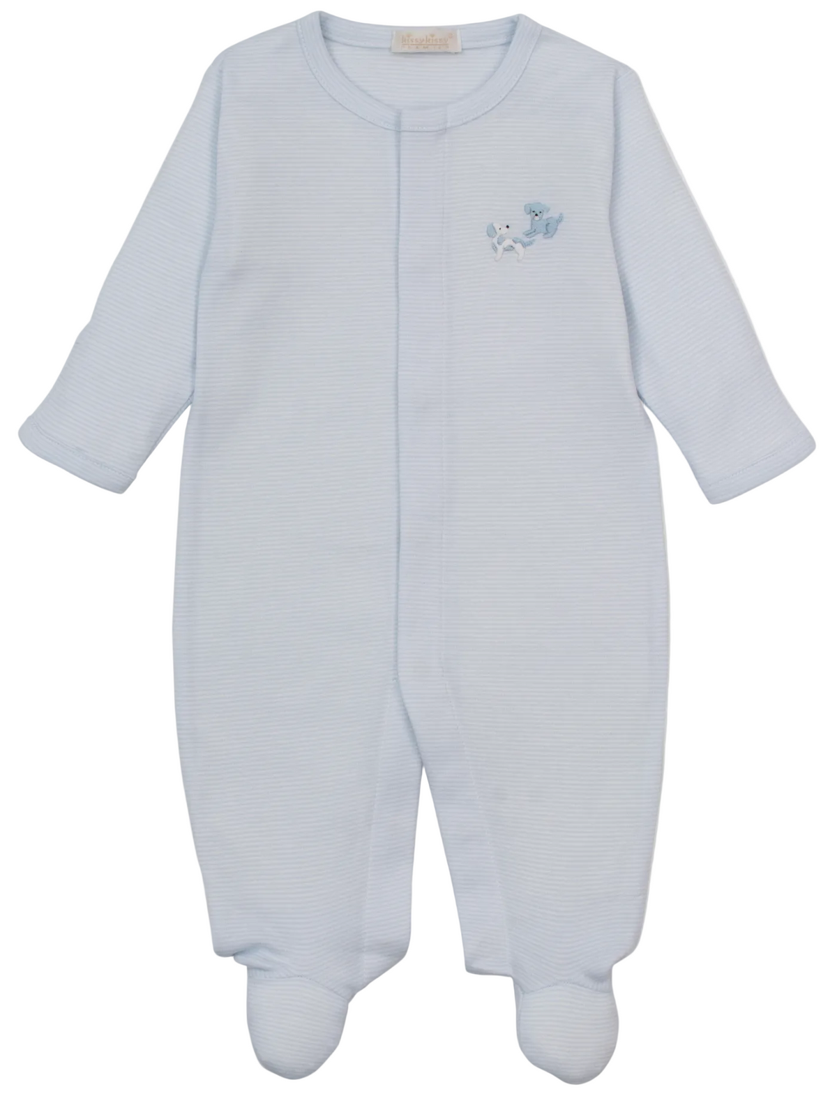 Light blue striped Kissy Kissy Baby Premier Puppy Paws Hand Embroidered Footie with long sleeves and a small embroidered puppy paws design on the chest, laid flat on a white background.