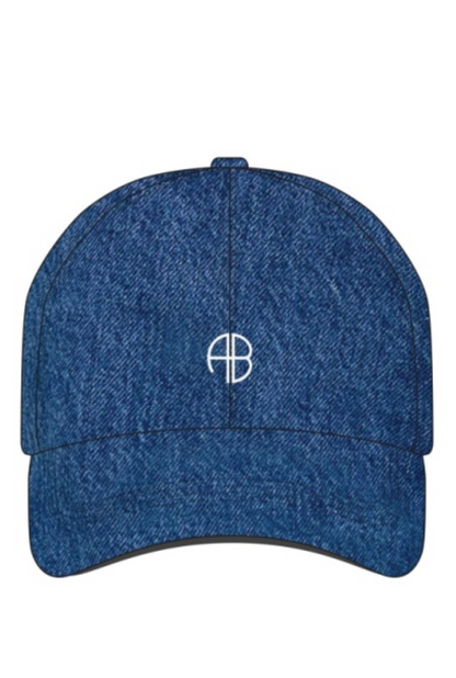 The Jeremy Baseball Cap by Anine Bing features blue denim cotton-twill and a white "AB" monogram embroidered front and center, adding a signature sporty touch to any casual outfit.