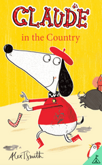 An illustration inspired by “Yoto Card: Claude in the Country” from Yoto features Claude the dog donning a red beret, sweater, and boots as he walks on two legs through a countryside landscape, evoking the playful charm of a farm adventure. The title “Claude in the Country” is displayed above in vibrant red and yellow text—an ideal design for a delightful children’s book cover.