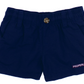 Properly Tied Boys' Mallard Short in navy blue for toddlers features an elastic waistband, side pockets, front button, moisture-wicking fabric, and "PROPERLY TIED" embroidered near the hem.