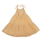 The Early Sunday Girls' Alice Dress is a sleeveless design with shoulder ties and a flared skirt, crafted from cotton dobby fabric, displayed on a white background.