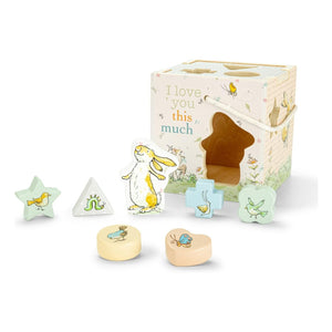 The Kids Preferred Guess How Much I Love You Wooden Shape Sorter features animal-illustrated blocks and a shape-sorting box—perfect for developing fine motor skills.