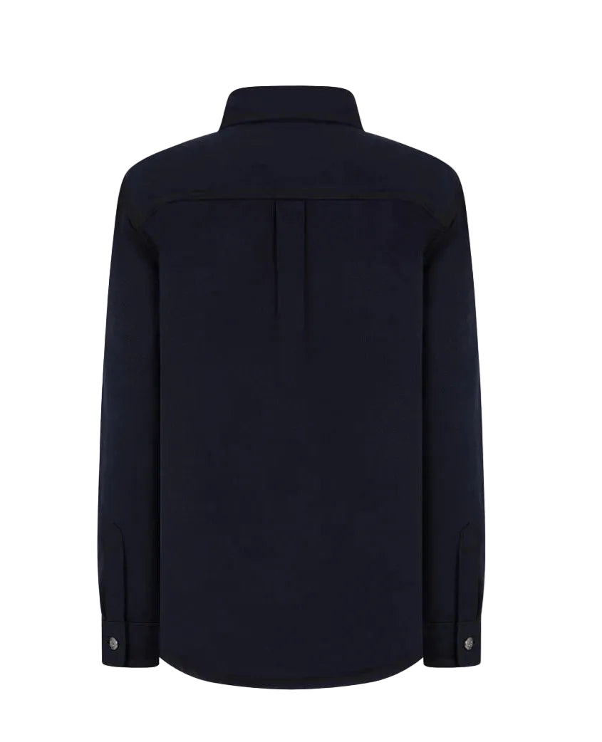 Back view of the Blaze Milano Clapotis Berber Shirt—a long-sleeve, dark-colored safari-style design featuring a collar and buttoned cuffs—displayed against a white background.