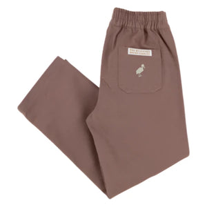 Folded pair of Baby Boys' and Boys' Twill Sheffield Pants by The Beaufort Bonnet Company in Gray Bay Brown, with elastic waistband, back pocket featuring a small white bird logo, and a rectangular label.