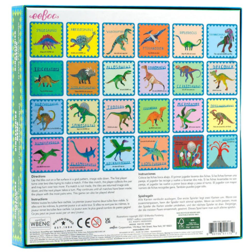 Eeboo’s Shiny Dinosaur Memory and Matching Game features 24 illustrated dinosaur stamps, each labeled with its name, offering a fun and educational matching activity for kids. Directions and product details are included on the box bottom.