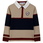 The Boys’ Pointed Collar Stripes Polo Shirt by Tartine et Chocolat features a beige long-sleeve design with a white pointed collar, navy and burgundy horizontal stripes, and a small embroidered crest on the left chest—an elevated striped polo crafted from soft cotton for all-day comfort.