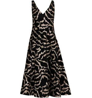 The Prabal Gurung V Neck Fit & Flare Dress is a sleeveless piece featuring an A-line cut and showcasing a striking black and beige animal print pattern, embodying the distinctive style of designer Prabal Gurung.