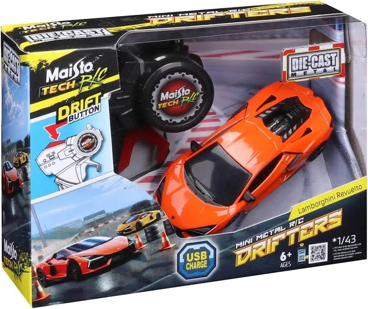 Boxed Maisto R/C 1:43 Die-cast Drifters Lamborghini Revuelto—an eye-catching orange remote-controlled car with USB charging—featuring authentic die-cast metal construction and recommended for ages 6 and up.