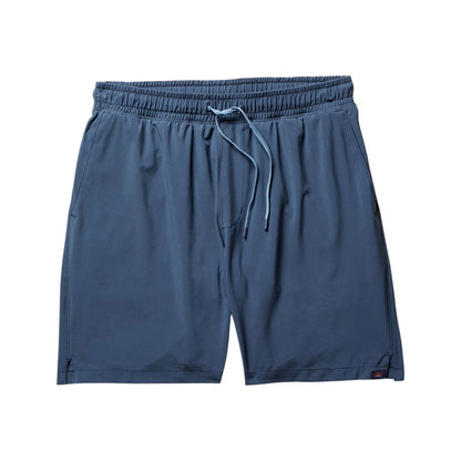 Faherty Shorelite Swim Trunk in blue, featuring an elastic waistband, quick-drying fabric, side pockets, and a relaxed fit, shown laid flat on a white background.