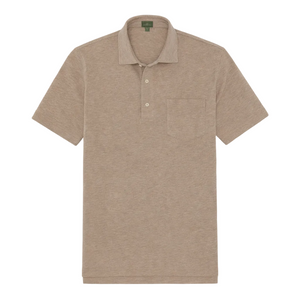 The Sid Mashburn Short-Sleeved Polo, made from beige Peruvian pima cotton, features a cut-and-sew collar, three-button placket, and chest pocket, shown laid flat on a white background.
