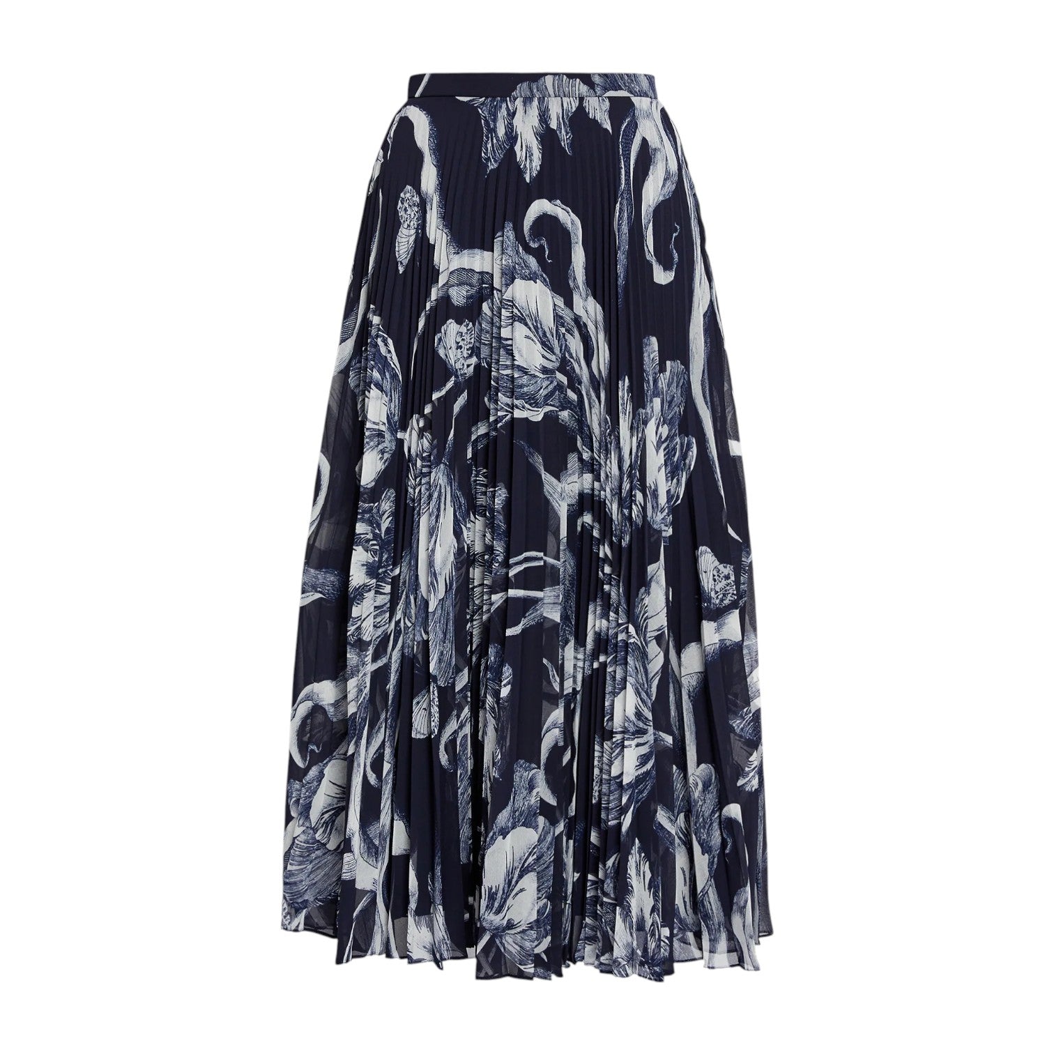 The Erdem Botanical Engraving Silk Pleated Midi Skirt features elegant pleats and a navy blue floral print on white, creating a refined, ankle-length silhouette.