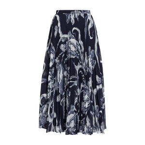 The Erdem Botanical Engraving Silk Pleated Midi Skirt features elegant pleats and a navy blue floral print on white, creating a refined, ankle-length silhouette.