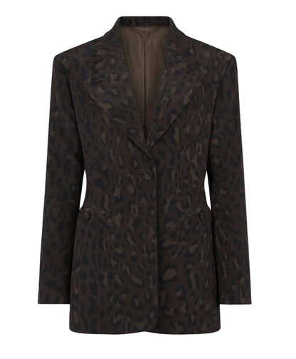 The Simba Daisy Blazer by Blaze Milano is a women's silk blazer in leopard print with dark brown and black tones, notched lapels, front buttons, and flap pockets.