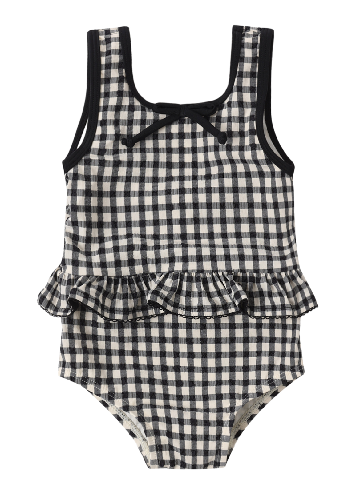 The Rylee & Cru Baby Girls' Skirted One-Piece features a black and white gingham print, a ruffle waist, and a small bow at the neckline. Displayed against a white background, this adorable romper blends classic style with comfort—perfect for pool days.