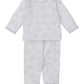 The Kissy Kissy Baby Cheerful Good Night Printed Footed Pant Set is a light gray two-piece outfit with long sleeves and footed pants, featuring clouds, moons, stars, and subtle elephant print accents.