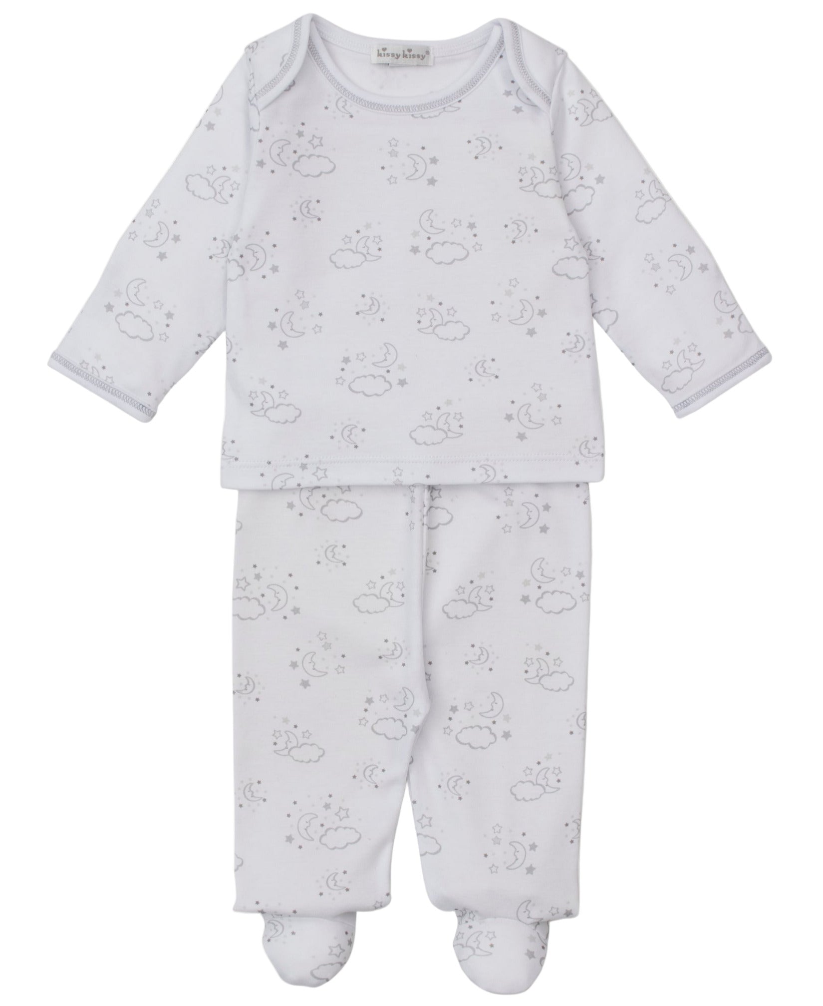 The Kissy Kissy Baby Cheerful Good Night Printed Footed Pant Set is a light gray two-piece outfit with long sleeves and footed pants, featuring clouds, moons, stars, and subtle elephant print accents.