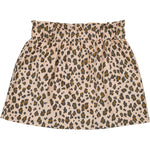 The Girls' Zippa Corduroy Leopard Skirt by Louis Louise is a beige mini skirt with an elastic waistband, showcasing a bold brown and black leopard print.