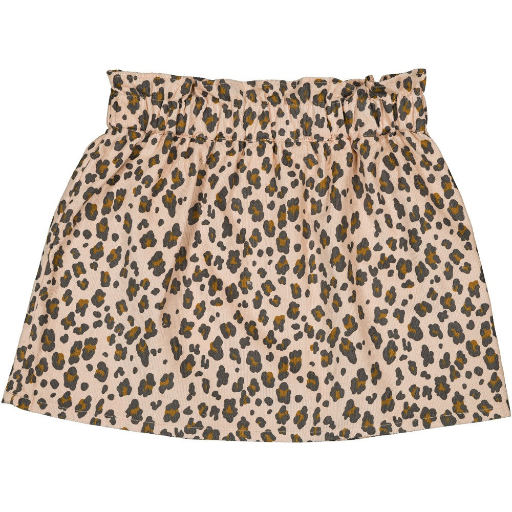 The Girls' Zippa Corduroy Leopard Skirt by Louis Louise is a beige mini skirt with an elastic waistband, showcasing a bold brown and black leopard print.