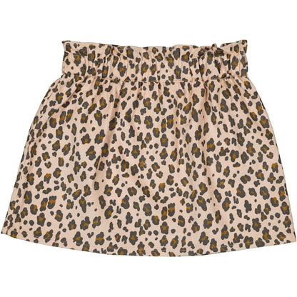The Girls' Zippa Corduroy Leopard Skirt by Louis Louise is a beige mini skirt with an elastic waistband, showcasing a bold brown and black leopard print.