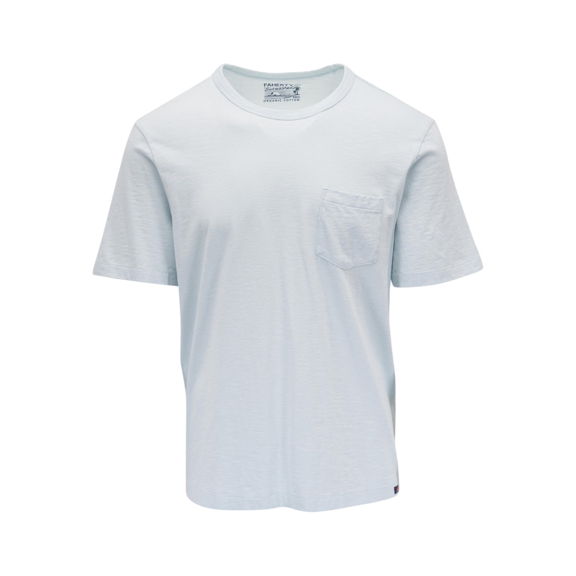 The Faherty Sunwashed Pocket Tee is a light blue short-sleeve crewneck with a chest pocket, made from regenerative organic cotton, shown on a white background.