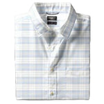 The Faherty Movement Shirt is a folded, button-down, long-sleeve shirt in a light blue and white plaid pattern—crafted for comfort and designed to move with you all day.