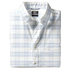 The Faherty Movement Shirt is a folded, button-down, long-sleeve shirt in a light blue and white plaid pattern—crafted for comfort and designed to move with you all day.