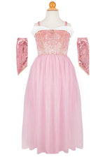 The Velvety Soft Princess Gown by Great Pretenders is a child-sized pink dress with a velvet bodice, tulle skirt, gold trim, and matching detached sleeves—a magical fairy tale costume shown on a mannequin.
