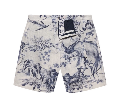 Introducing the Laurent Linen Zephra Bermuda shorts by Orlebar Brown—crafted from white linen and adorned with a blue botanical and animal print. Designed with a partially open front zipper and button closure, these shorts are perfect for warm-weather dressing.