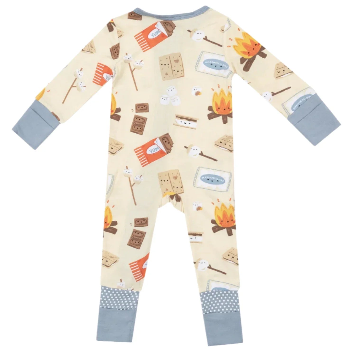 The Angel Dear Smores 2-Way Zipper Romper by Angel Dear is a children's pajama crafted from bamboo fiber fabric, featuring signature prints of s'mores, campfires, and marshmallow sticks against a light yellow background.