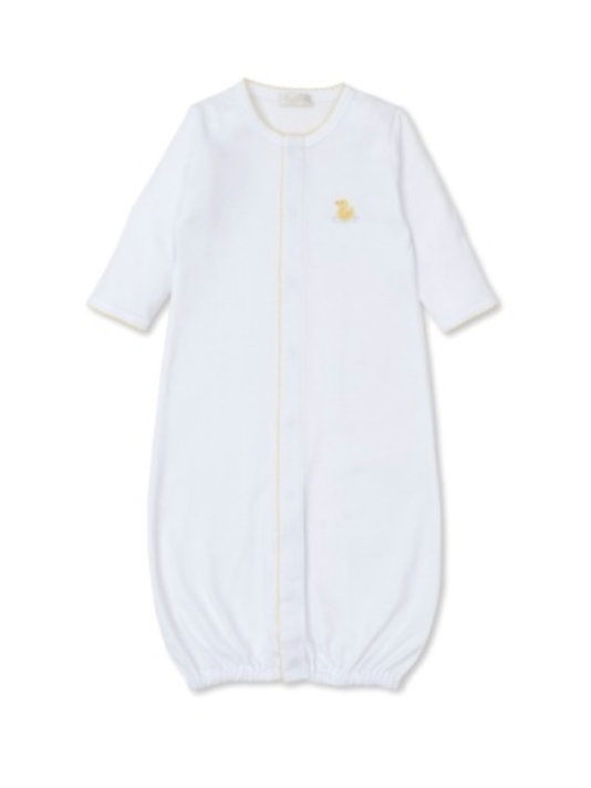 The Kissy Kissy Baby Premier Duckling Convertible Gown features soft white Pima cotton, a front snap closure, and a small yellow duck embroidered on the left chest.