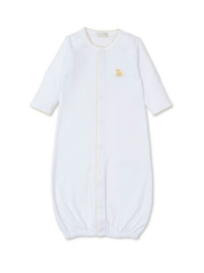 The Kissy Kissy Baby Premier Duckling Convertible Gown features soft white Pima cotton, a front snap closure, and a small yellow duck embroidered on the left chest.
