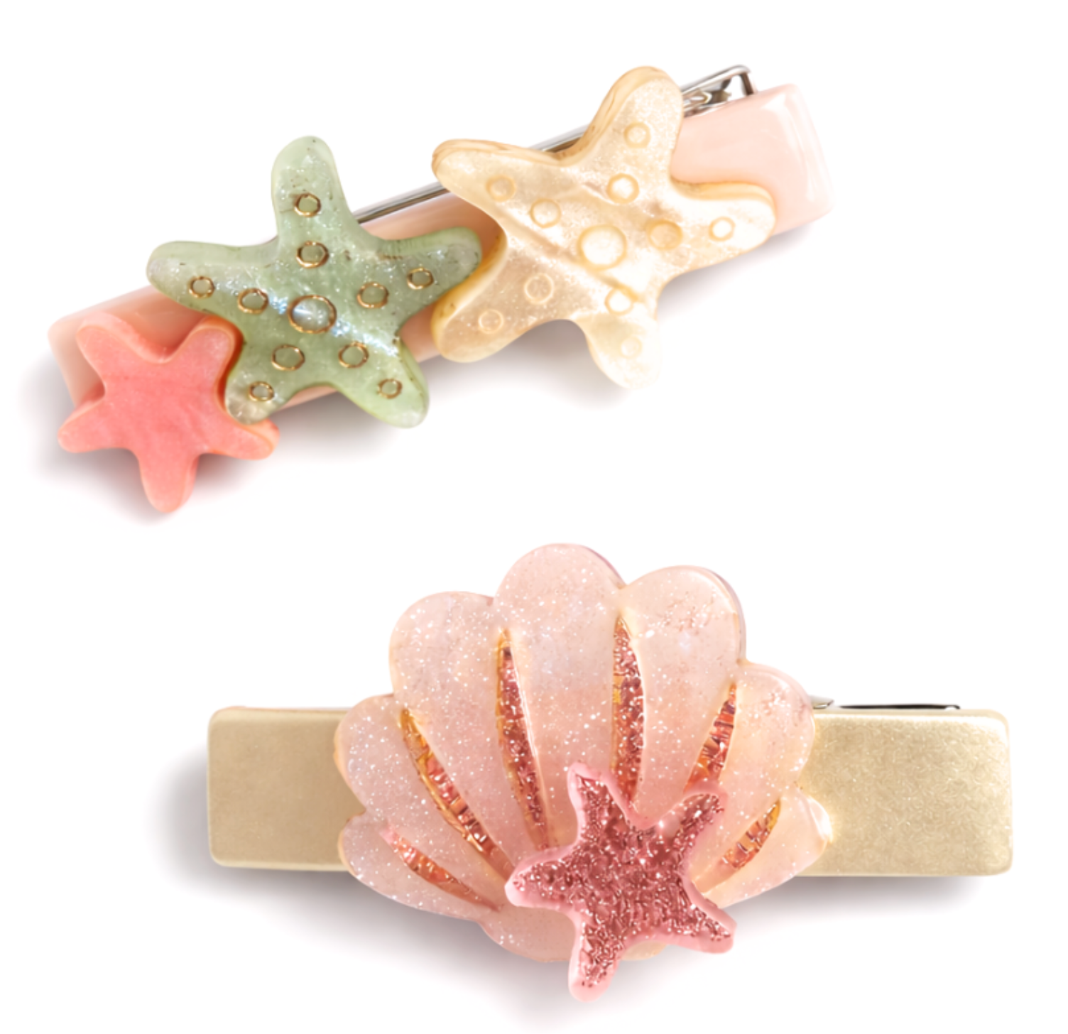 Introducing the Lillies & Roses Seashell & Stars Hair Clip set: the top clip showcases starfish designs in green, yellow, and pink, while the bottom clip features a sparkling pink shell and starfish on a gold rectangular base. These handmade hair clips are a delightful summer accessory for any occasion.