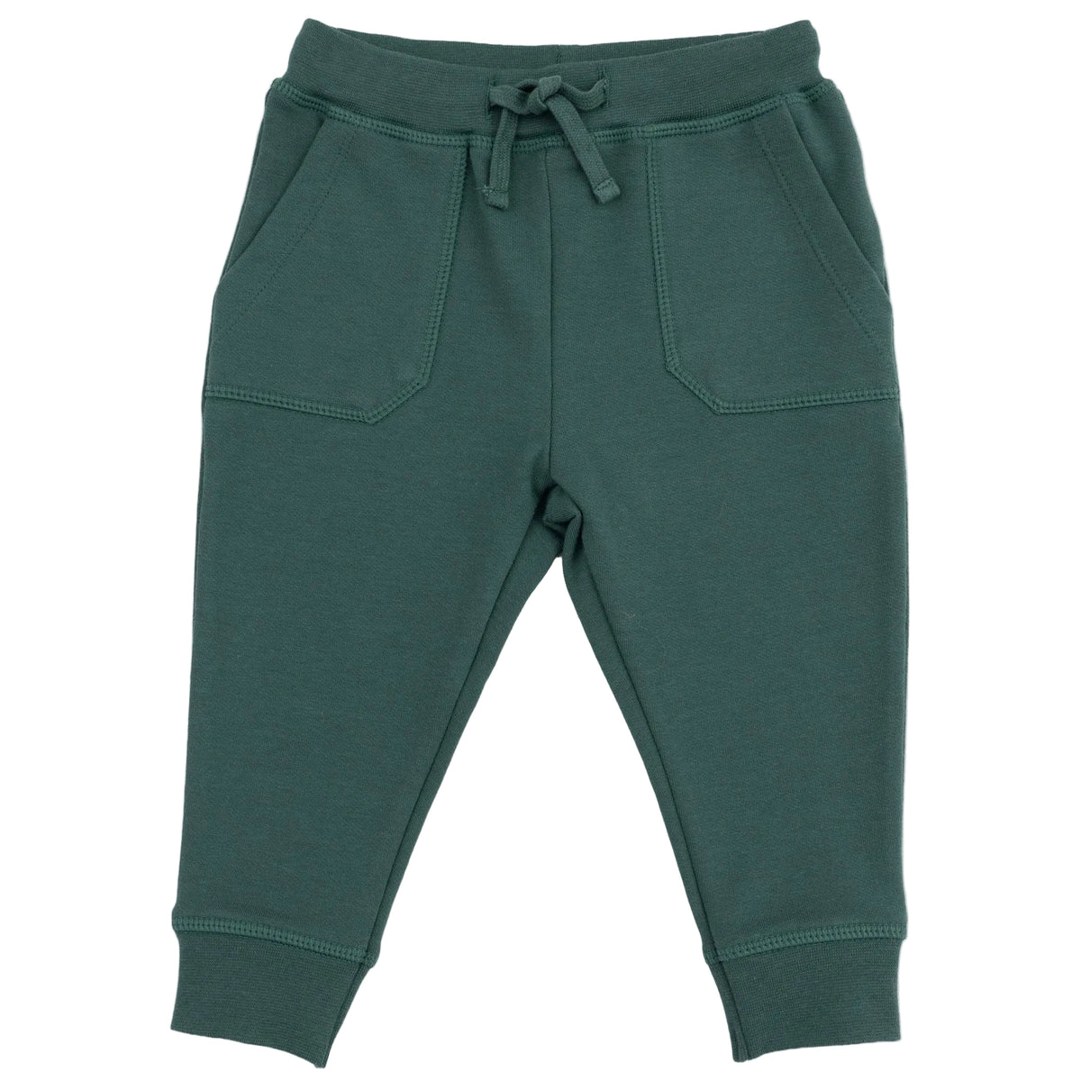 Dark green Angel Dear Baby and Kids’ Jogger Pant, crafted from cozy organic French terry with an elastic waistband, front pockets, and a drawstring, laid flat on a white background—a comfortable everyday essential.
