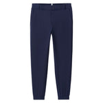 The Johnnie-O Solom Pant is a navy blue modern jogger with an elastic waistband, side pockets, and cuffed ankles, made from lightweight stretchy fabric and shown against a white background.