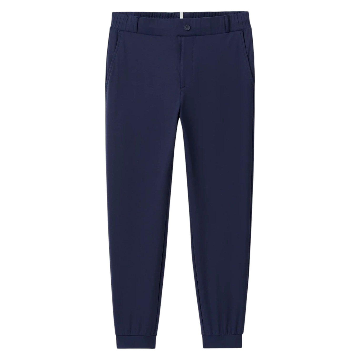 The Johnnie-O Solom Pant is a navy blue modern jogger with an elastic waistband, side pockets, and cuffed ankles, made from lightweight stretchy fabric and shown against a white background.
