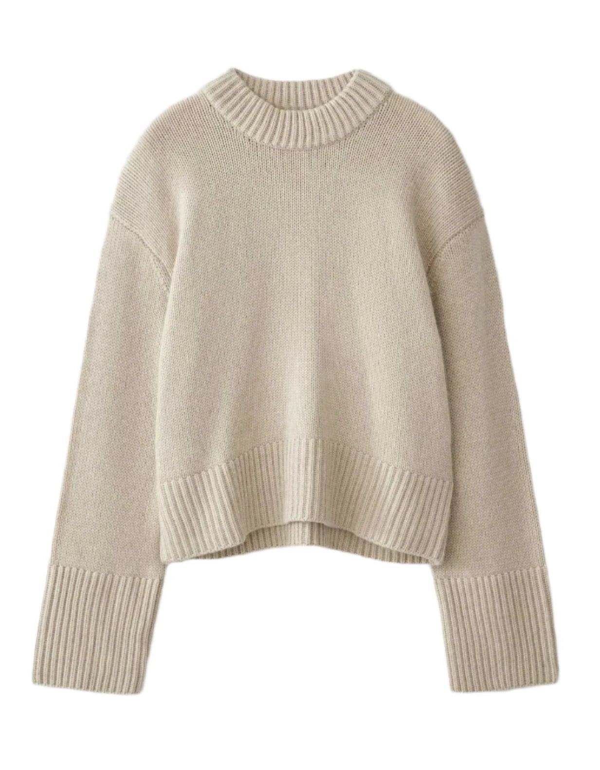 Lisa Yang Sony Cashmere Sweater in beige, featuring fisherman ribbed trims, long sleeves, and a classic crew neck.