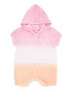 Introducing the Feather 4 Arrow Baby Girls’ Finn Romper—a short-sleeve hooded terry romper featuring a pink, white, and peach color gradient, button-front closure, and convenient bottom snaps for easy diaper changes.