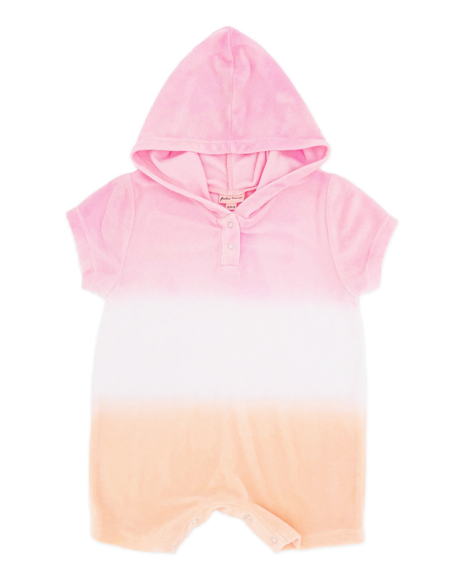 Introducing the Feather 4 Arrow Baby Girls’ Finn Romper—a short-sleeve hooded terry romper featuring a pink, white, and peach color gradient, button-front closure, and convenient bottom snaps for easy diaper changes.
