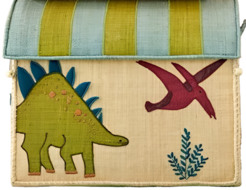 This vibrant bag, adorned with an embroidered green dinosaur, red pterosaur, and blue plant design, captures the essence of handmade artistry found in Madagascar creations. Its blue and green striped flap reflects the natural allure of materials used in products like the Rice Raffia Toy Basket from Rice.